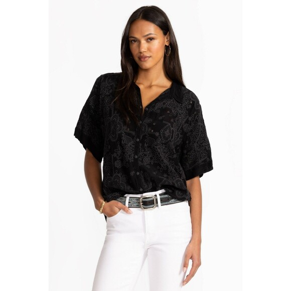 Johnny Was Women The Audrey Blouse Size Extra Large Black Short Sleeve Button Up - Picture 3 of 11